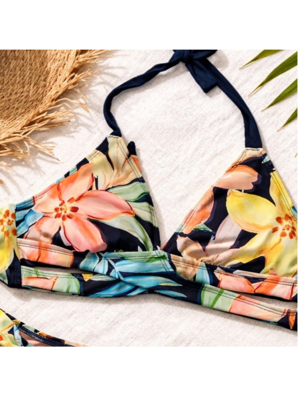 KONA SOL Swimwear Navy Floral Bikini Top Size XL EUC